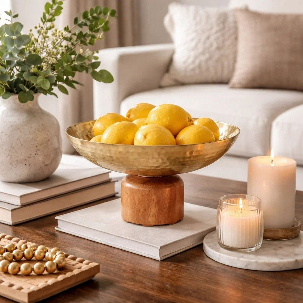 Roe Table Bowl | 8" | Small Acacia Wood | Steel Base | Gold Brown