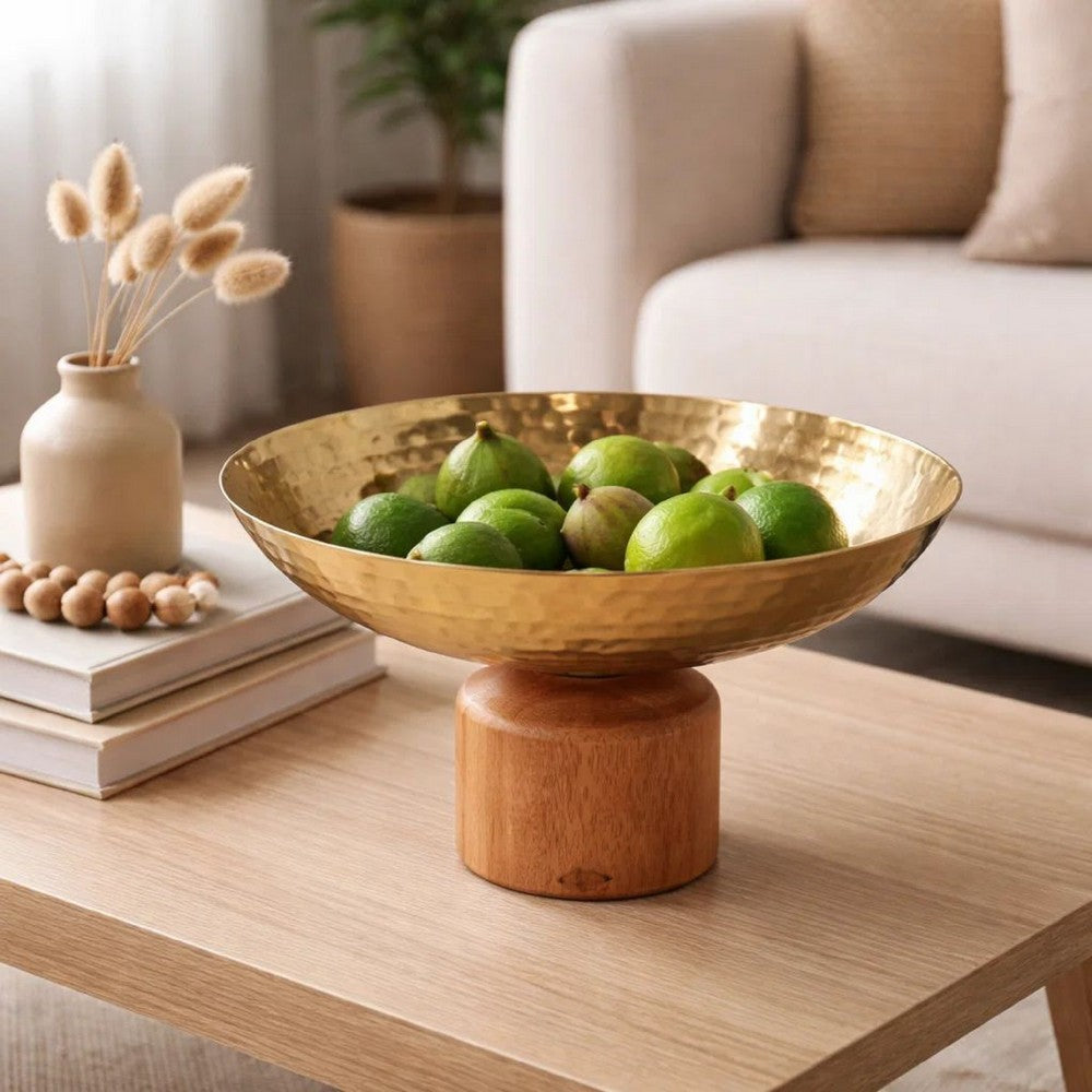 Roe Table Bowl | 8" | Small Acacia Wood | Steel Base | Gold Brown