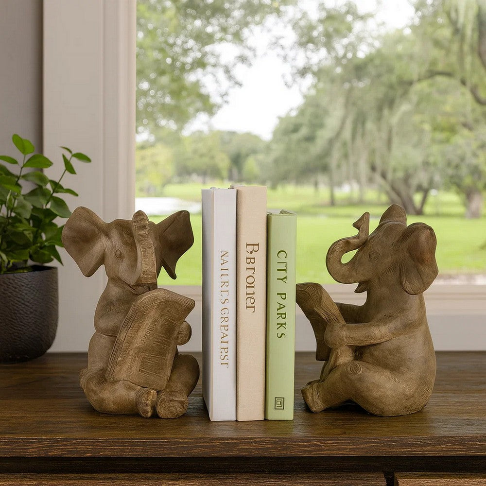 Ari Bookends | Set of 2 | Reading Elephants | Brown Resin
