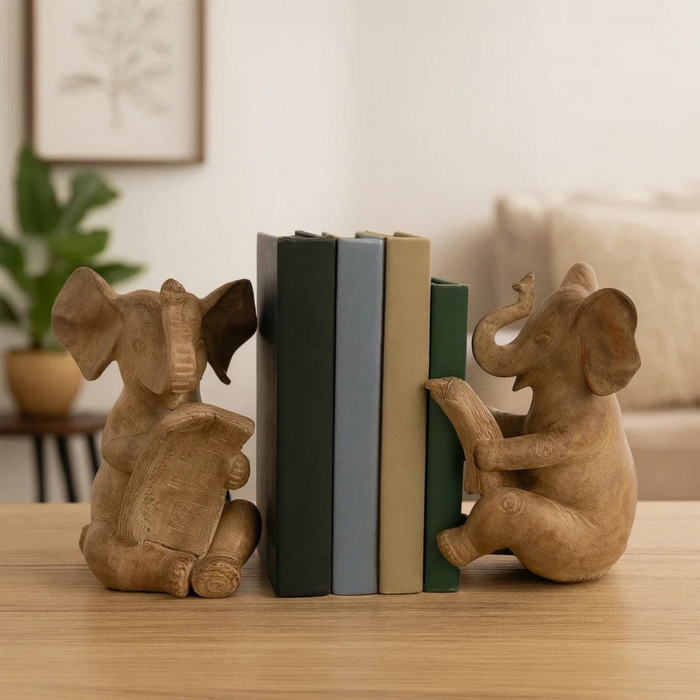 Ari Bookends | Set of 2 | Reading Elephants | Brown Resin