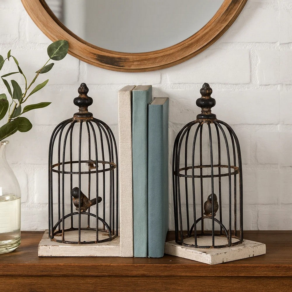 Ari Bookends | Set of 2 | Birdcage Design | Iron Wood | Black Brown