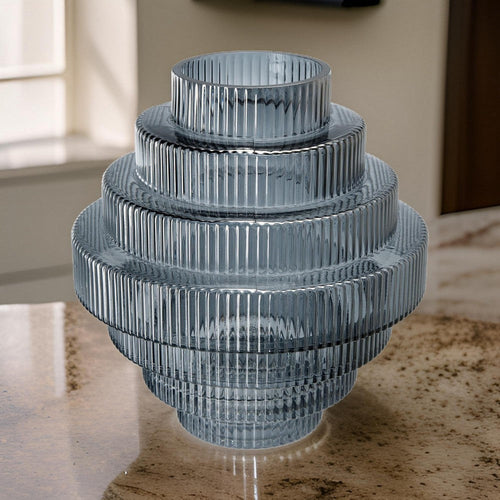 Rae Vase | 10" | Glass | Geometric Round | Smokey Blue Clear