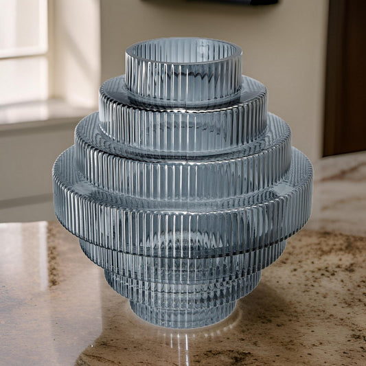 Rae 10 Inch Glass Vase, Geometric Round, Contemporary, Smokey Blue, Clear By Casagear Home
