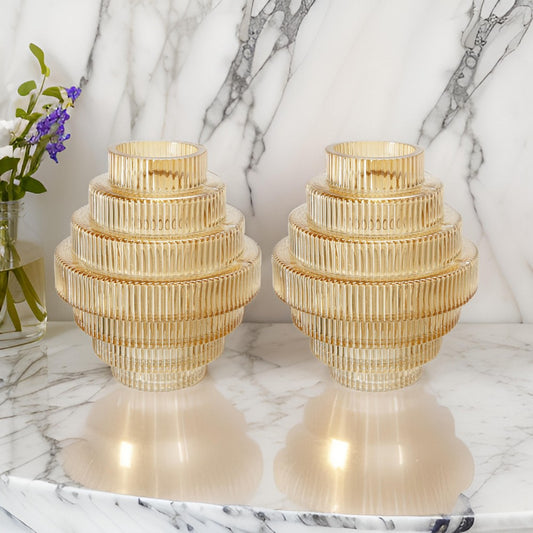 Rae Set of 2 Glass Vases, Geometric Round, Amber Yellow and Clear Finish By Casagear Home
