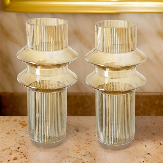 Rae Set of 2 Glass Vases, Tall Round Cylinders, Amber Yellow, Clear Finish By Casagear Home