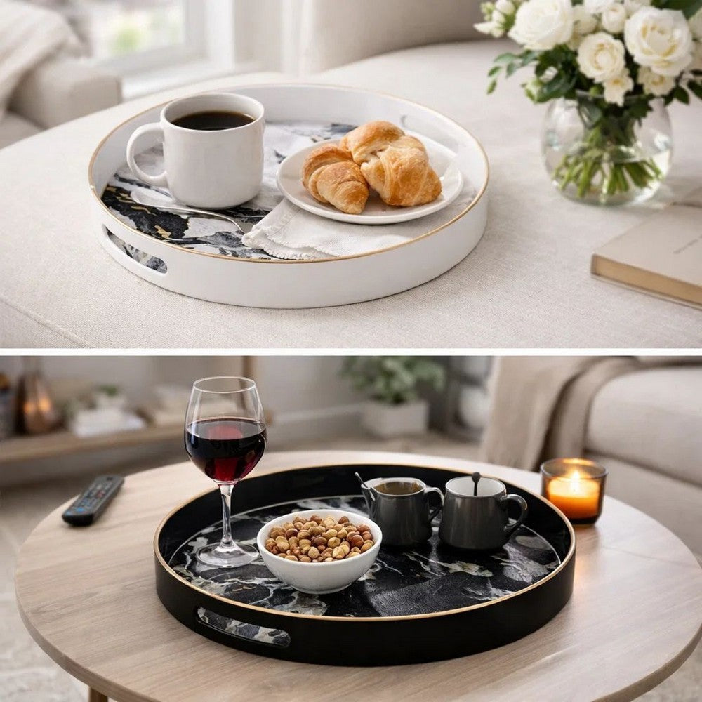 Accent Trays | Set of 2 | Round | Marble Pattern | Black White Gold
