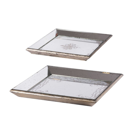 Set of 2 Square Serving Trays, Decorative, Vintage Mirrored, Champagne By Casagear Home