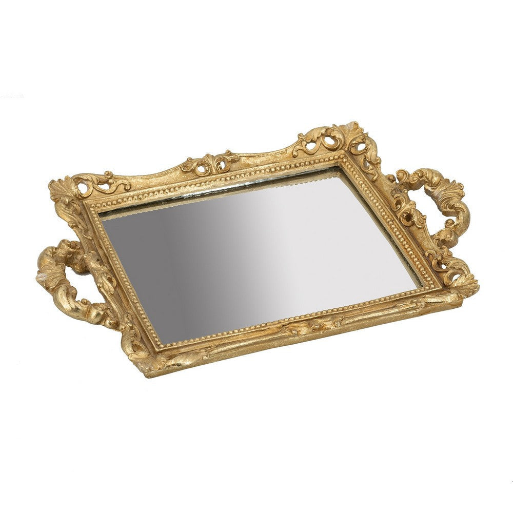 Serving Tray | 16" | Mirrored Bottom | Carved Gold Frame