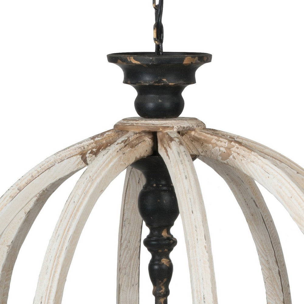 24 Inch 4 Light Chandelier Round Fir Wood Frame Iron Antique White Black By Casagear Home BM285024