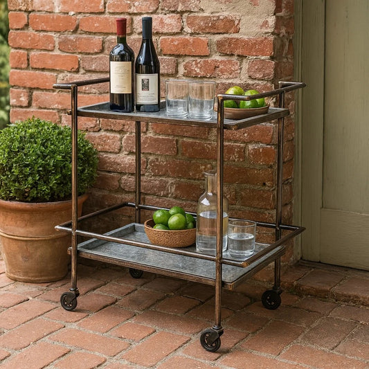 Bar Cart | 35" | 2 Tier | Industrial | Caster Wheels | Bronze