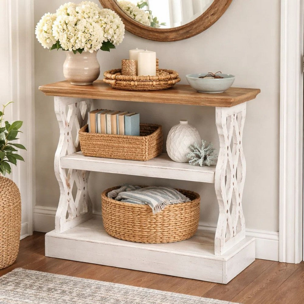 Console Table | 35" | 3 Tier | Carved Fir Panels | Brown White