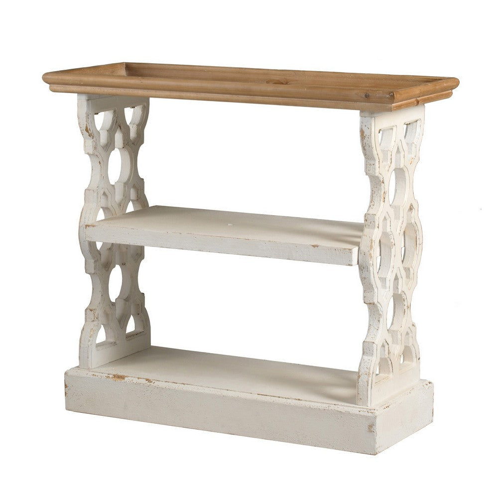 35 Inch 3 Tier Console Table, Fir Wood, Carved Panels, Brown and White By Casagear Home