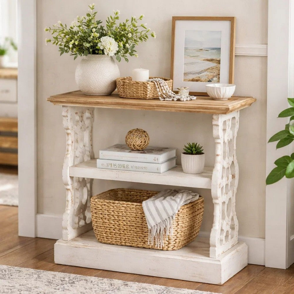 Console Table | 35" | 3 Tier | Carved Fir Wood | Brown, Antique White