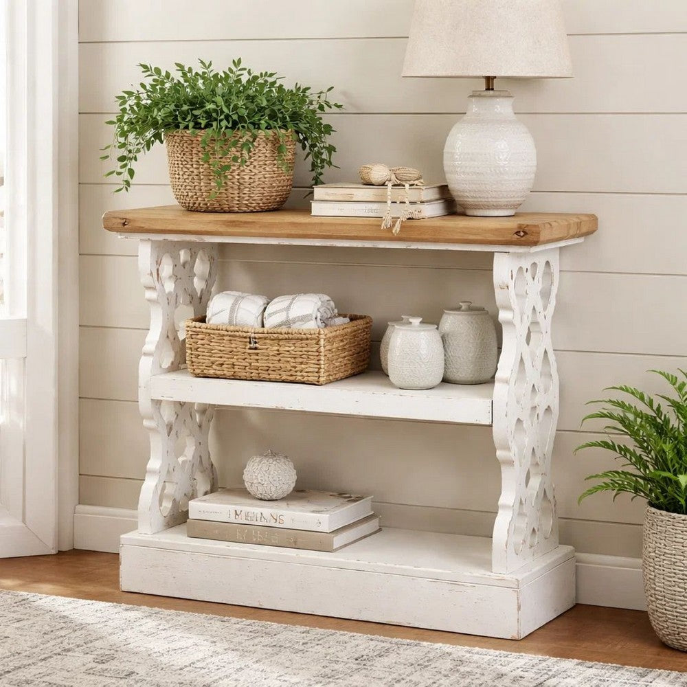 Console Table | 35" | 3 Tier | Carved Fir Wood | Brown, Antique White