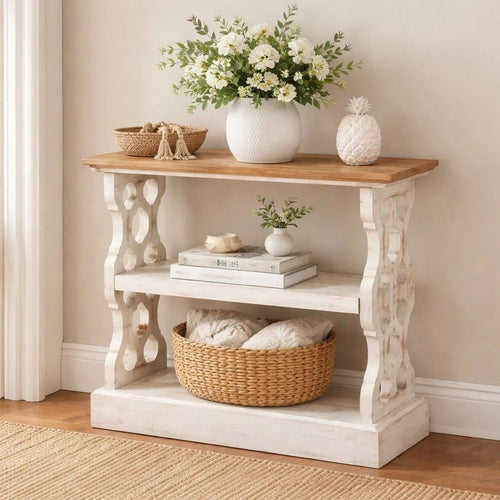 Console Table | 35" | 3 Tier | Carved Fir Panels | Brown White