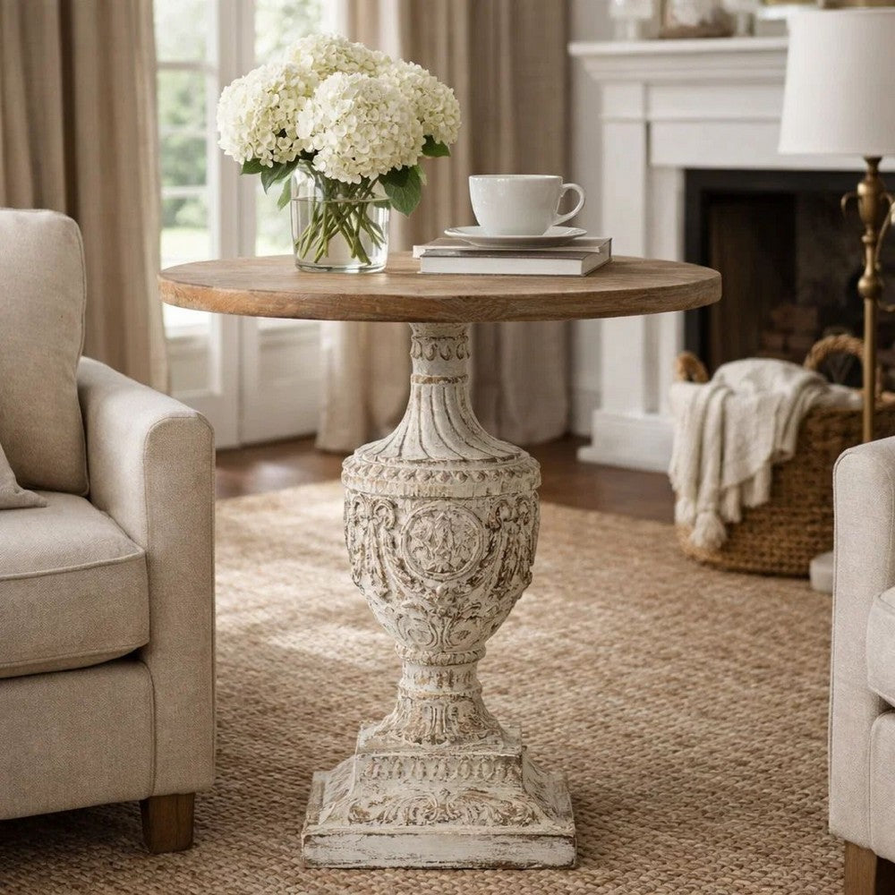 Side Table | 31" | Round Fir Wood | Engraved | Antique White