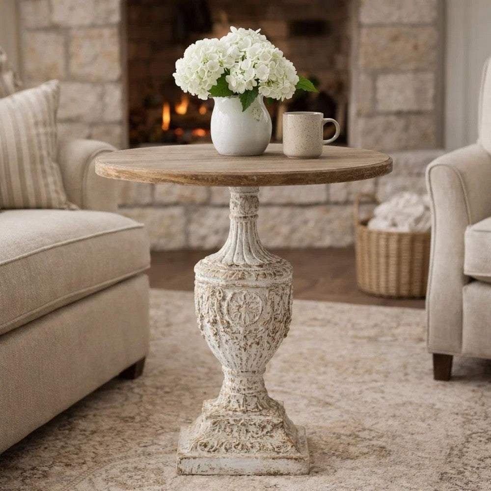 Side Table | 31" | Round Fir Wood | Engraved | Antique White