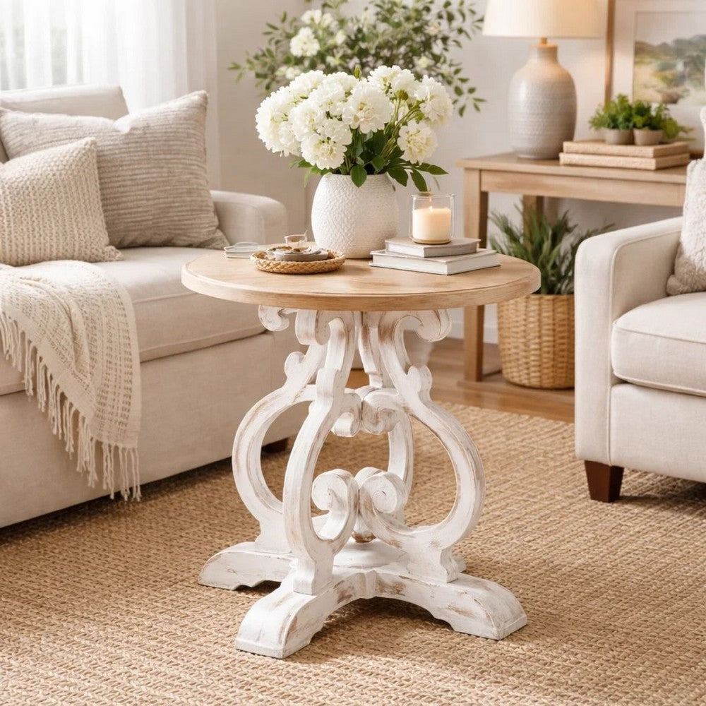 Round Table | 36" | Sculptural Wood Base | White Brown