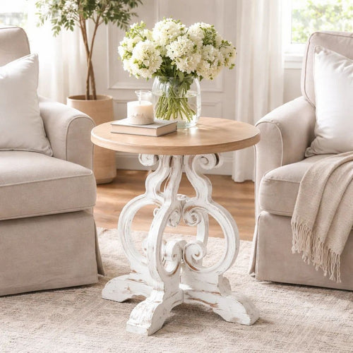 Round Table | 36" | Sculptural Wood Base | White Brown
