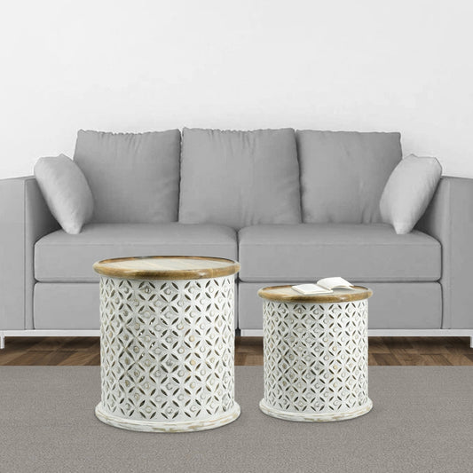 18, 16 Inch Accent Tables, Round, Mango Wood, Floral Cut Out, Brown, White By Casagear Home