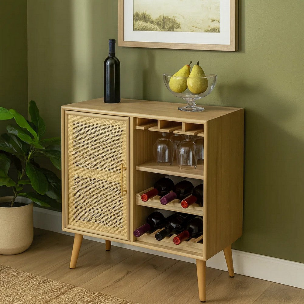 Dana Wine Cabinet | 31" | Wood | 2 Shelves | Rattan Door | Brown