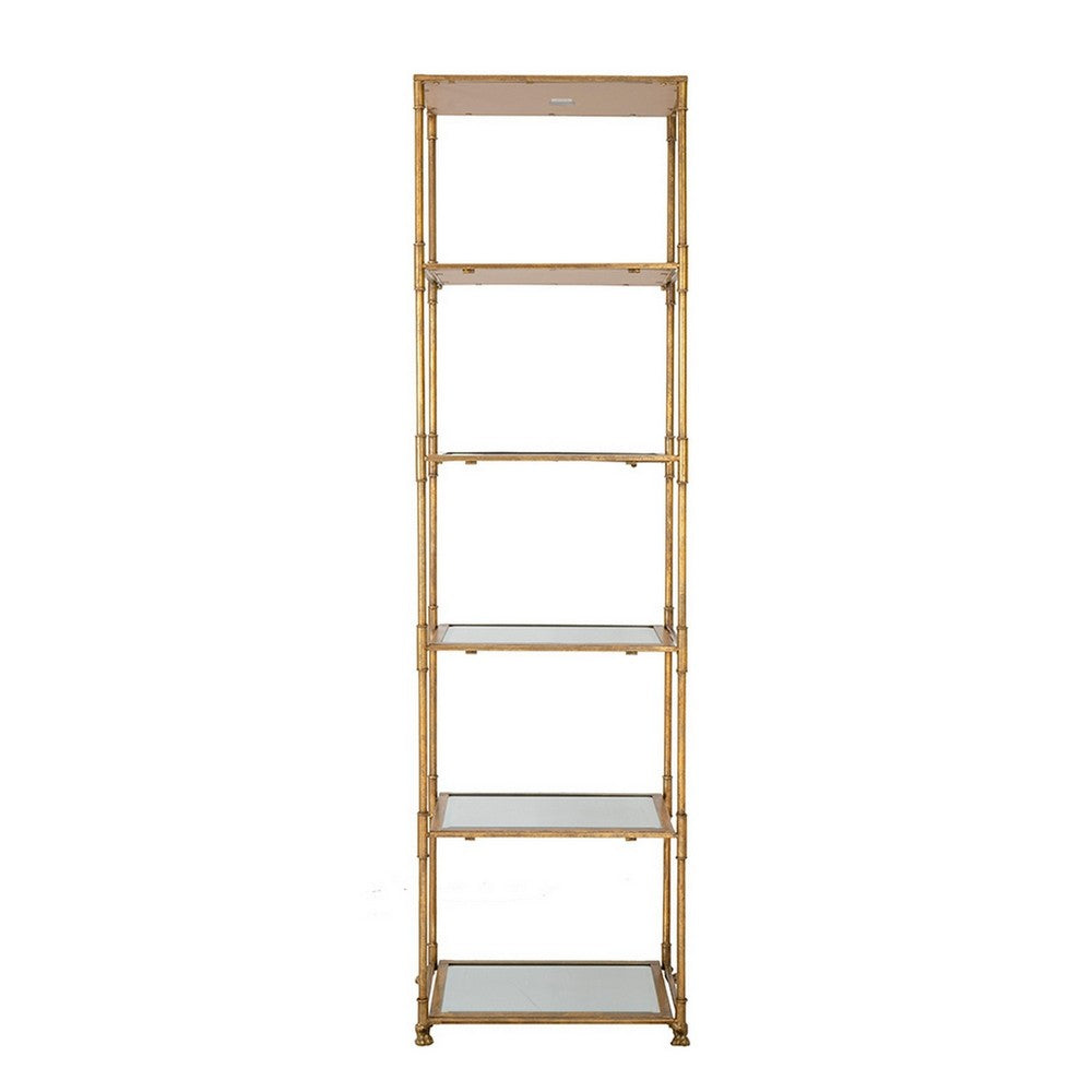 71 Inch Shelf, 6 Tier Design, 5 Mirrored Glass Shelves, Iron Frame, Gold Finish