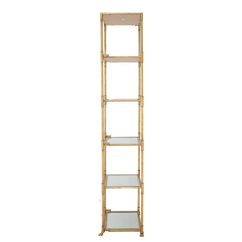 71 Inch Shelf, 6 Tier Design, 5 Mirrored Glass Shelves, Iron Frame, Gold Finish