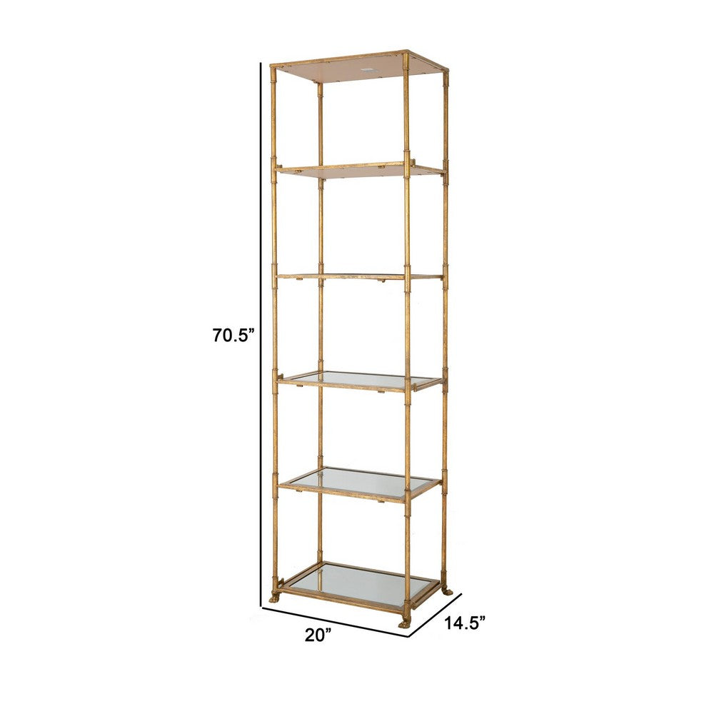 71 Inch Shelf, 6 Tier Design, 5 Mirrored Glass Shelves, Iron Frame, Gold Finish