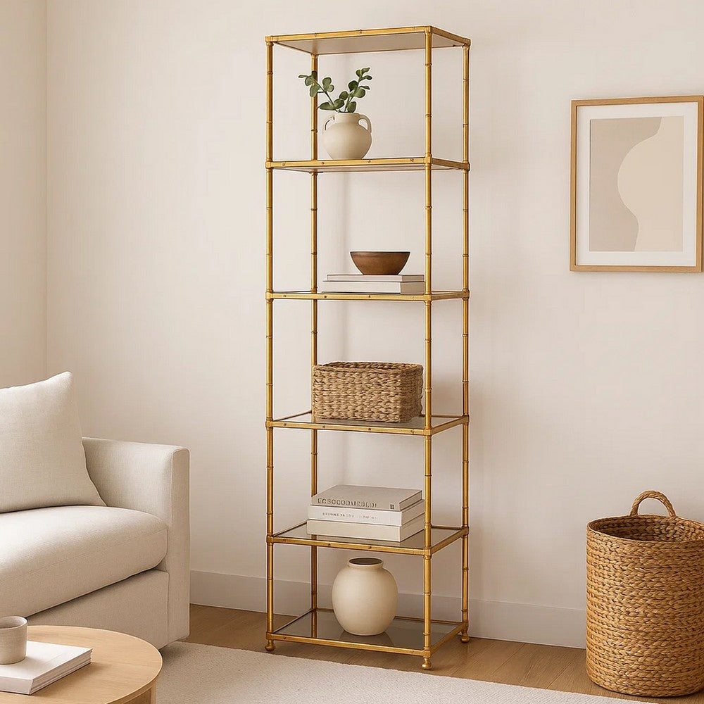 Wall Shelf | 71" | 6 Tier | Glass Shelves | Iron Frame | Gold