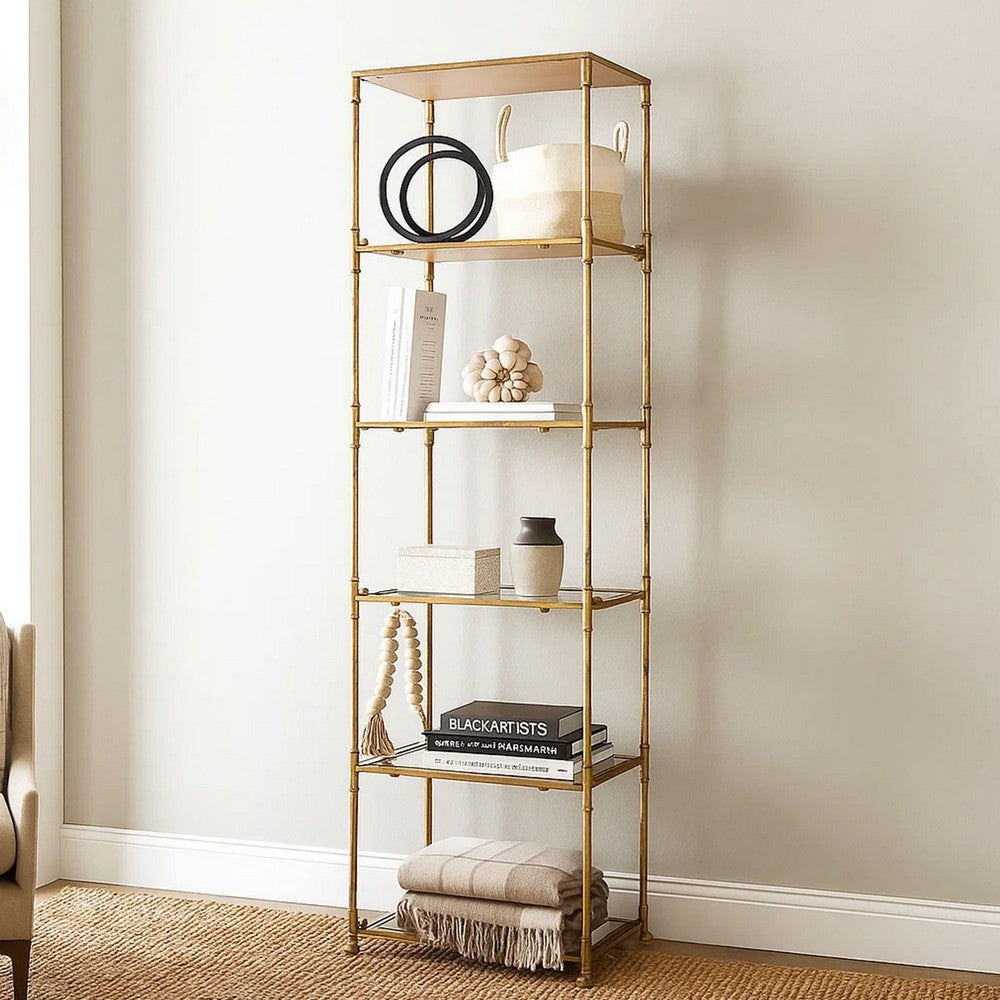 71 Inch Shelf, 6 Tier Design, 5 Mirrored Glass Shelves, Iron Frame, Gold Finish