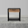 Rosette 22 Inch Side End Table, Natural Brown Rattan Front Drawer, Open Shelf, Black Mango Wood Frame By The Urban Port