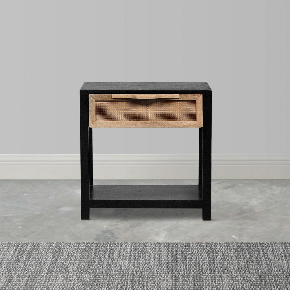 Rosette 22 Inch Side End Table, Natural Brown Rattan Front Drawer, Open Shelf, Black Mango Wood Frame By The Urban Port