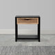 Rosette 22 Inch Side End Table, Natural Brown Rattan Front Drawer, Open Shelf, Black Mango Wood Frame By The Urban Port