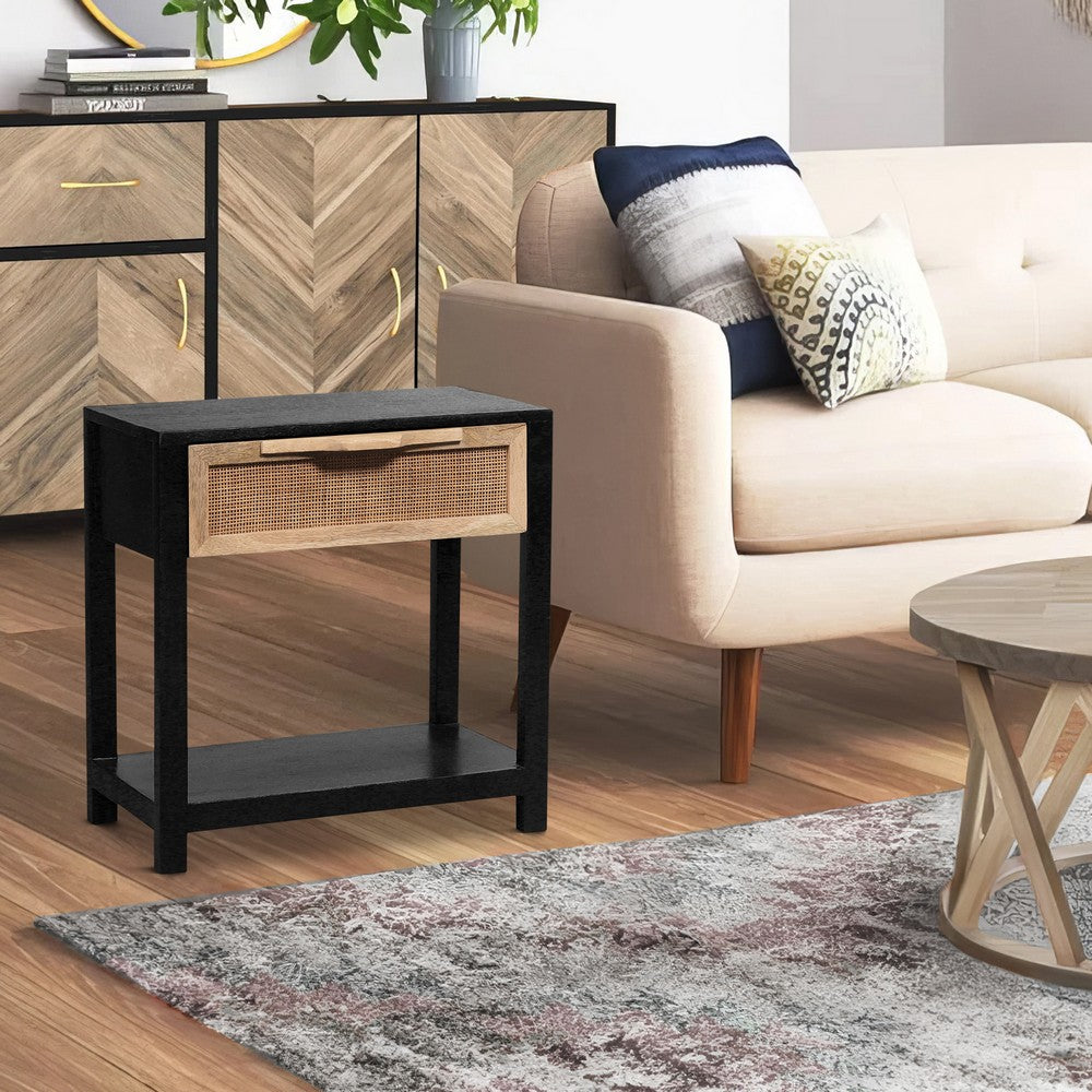 Rosette 22 Inch Side End Table, Natural Brown Rattan Front Drawer, Open Shelf, Black Mango Wood Frame By The Urban Port