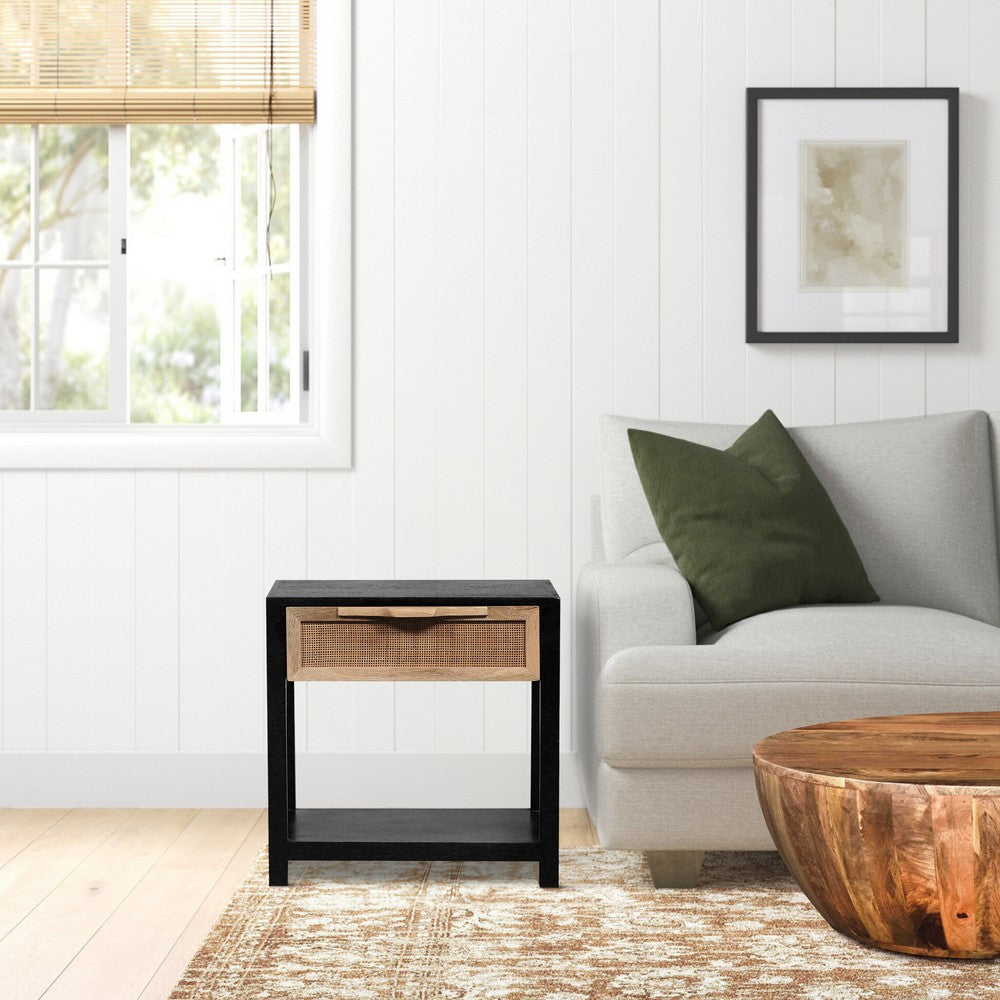 Rosette 22 Inch Side End Table, Natural Brown Rattan Front Drawer, Open Shelf, Black Mango Wood Frame By The Urban Port