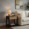 Rosette 22 Inch Side End Table, Natural Brown Rattan Front Drawer, Open Shelf, Black Mango Wood Frame By The Urban Port