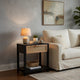 Rosette 22 Inch Side End Table, Natural Brown Rattan Front Drawer, Open Shelf, Black Mango Wood Frame By The Urban Port