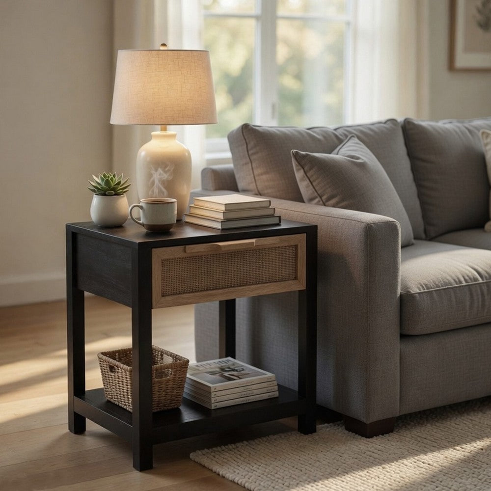 Rosette 22 Inch Side End Table, Natural Brown Rattan Front Drawer, Open Shelf, Black Mango Wood Frame By The Urban Port