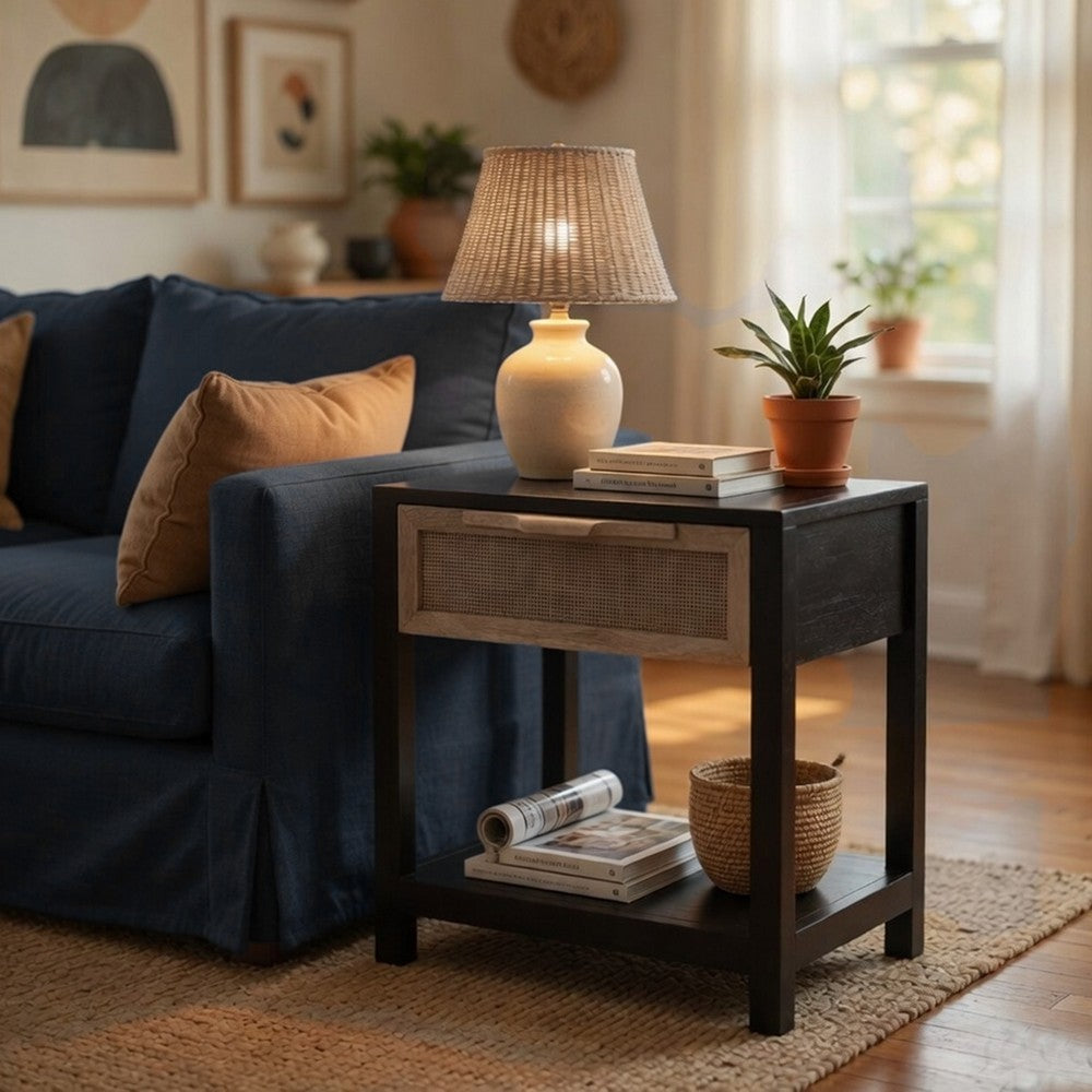 Rosette 22 Inch Side End Table, Natural Brown Rattan Front Drawer, Open Shelf, Black Mango Wood Frame By The Urban Port