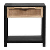 Rosette 22 Inch Side End Table, Natural Brown Rattan Front Drawer, Open Shelf, Black Mango Wood Frame By The Urban Port