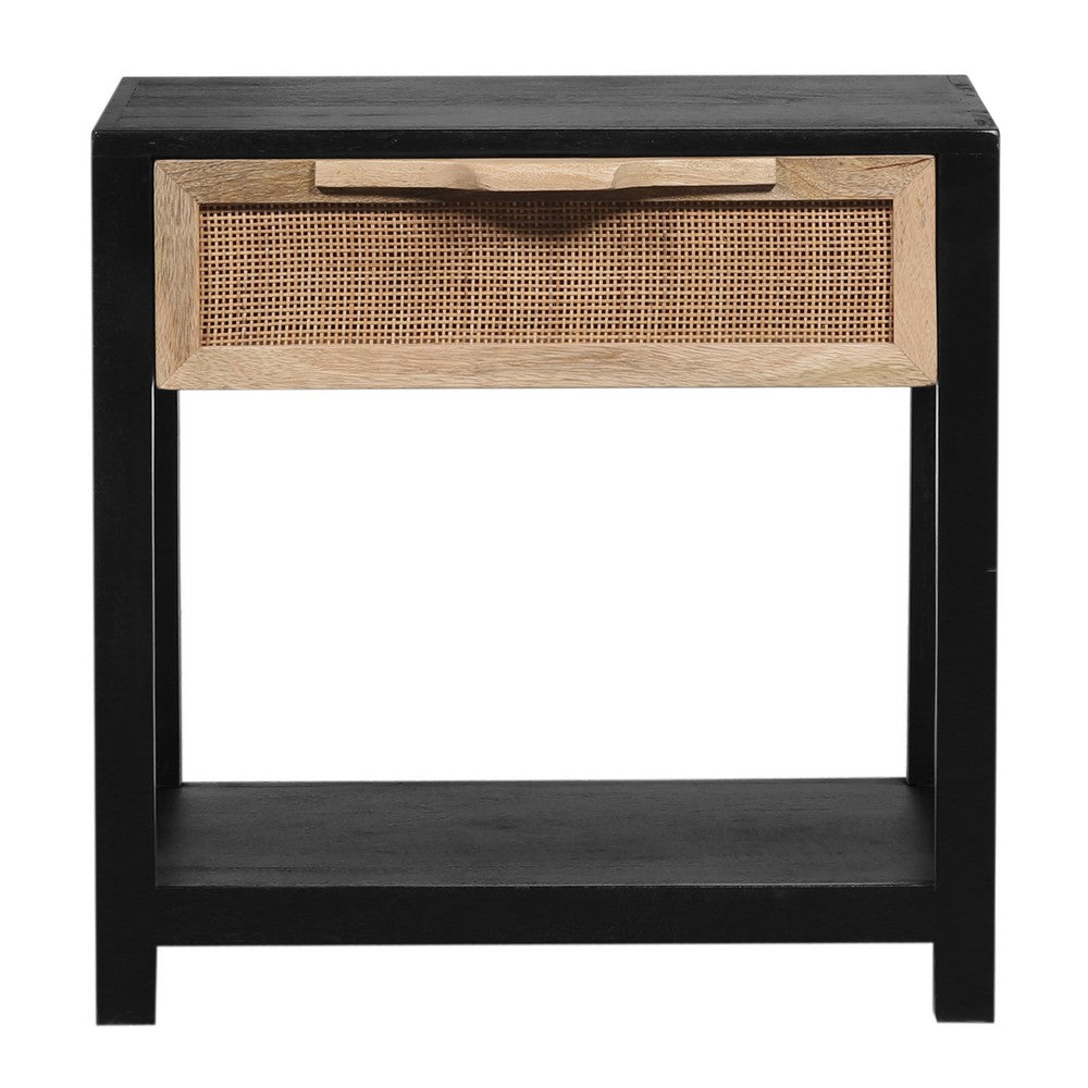 Rosette 22 Inch Side End Table, Natural Brown Rattan Front Drawer, Open Shelf, Black Mango Wood Frame By The Urban Port