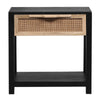 Rosette 22 Inch Side End Table Natural Brown Rattan Front Drawer Open Shelf Black Mango Wood Frame By The Urban Port BM285122