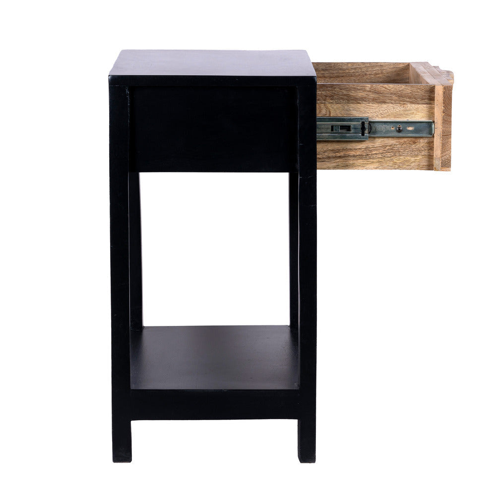 Rosette 22 Inch Side End Table Natural Brown Rattan Front Drawer Open Shelf Black Mango Wood Frame By The Urban Port BM285122