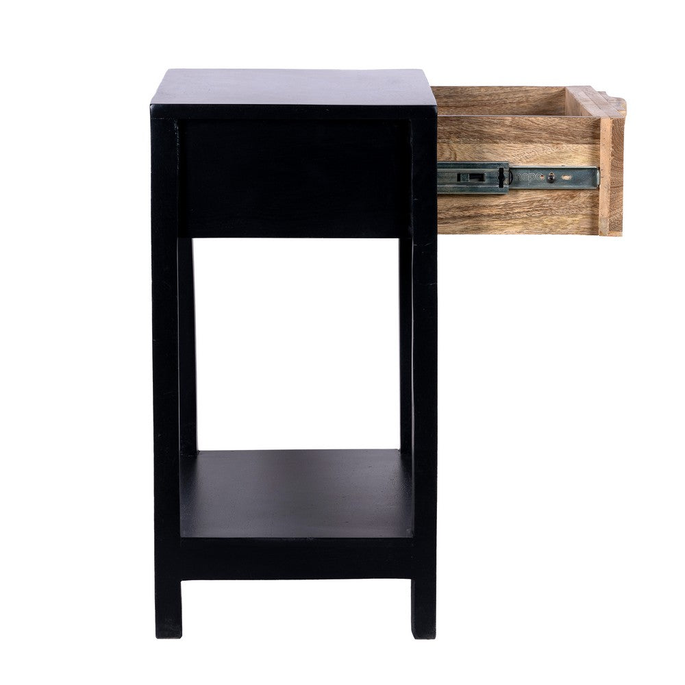 Rosette 22 Inch Side End Table, Natural Brown Rattan Front Drawer, Open Shelf, Black Mango Wood Frame By The Urban Port