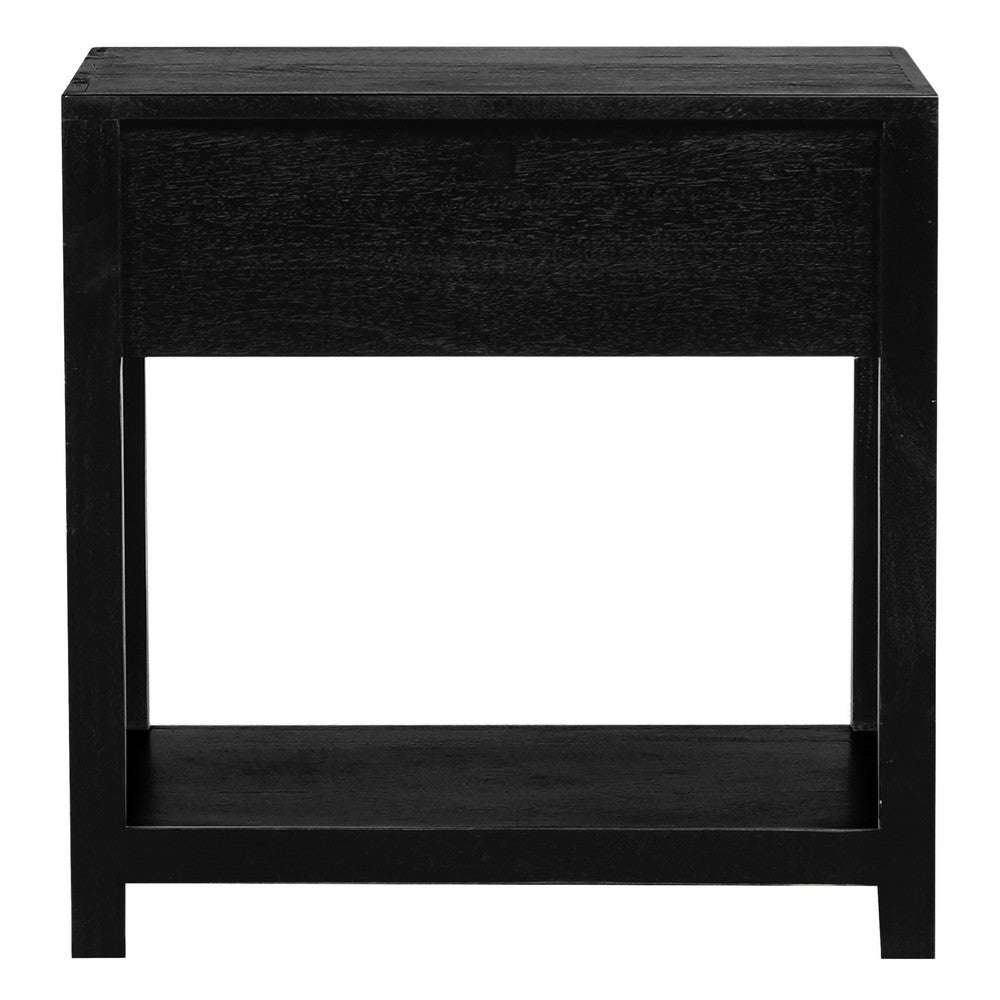 Rosette 22 Inch Side End Table, Natural Brown Rattan Front Drawer, Open Shelf, Black Mango Wood Frame By The Urban Port