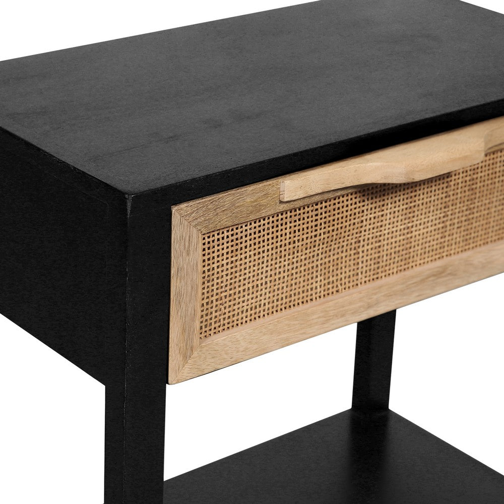 Rosette 22 Inch Side End Table, Natural Brown Rattan Front Drawer, Open Shelf, Black Mango Wood Frame By The Urban Port