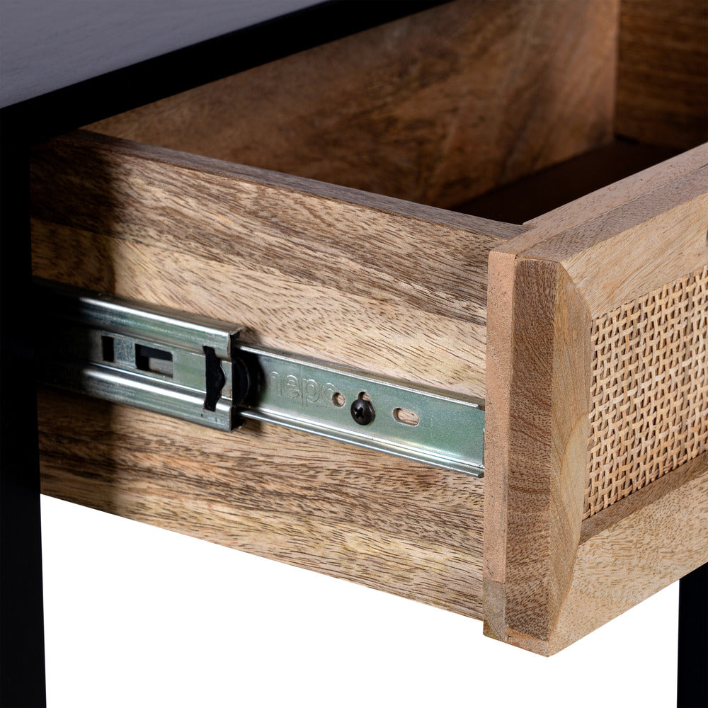 Rosette 22 Inch Side End Table Natural Brown Rattan Front Drawer Open Shelf Black Mango Wood Frame By The Urban Port BM285122