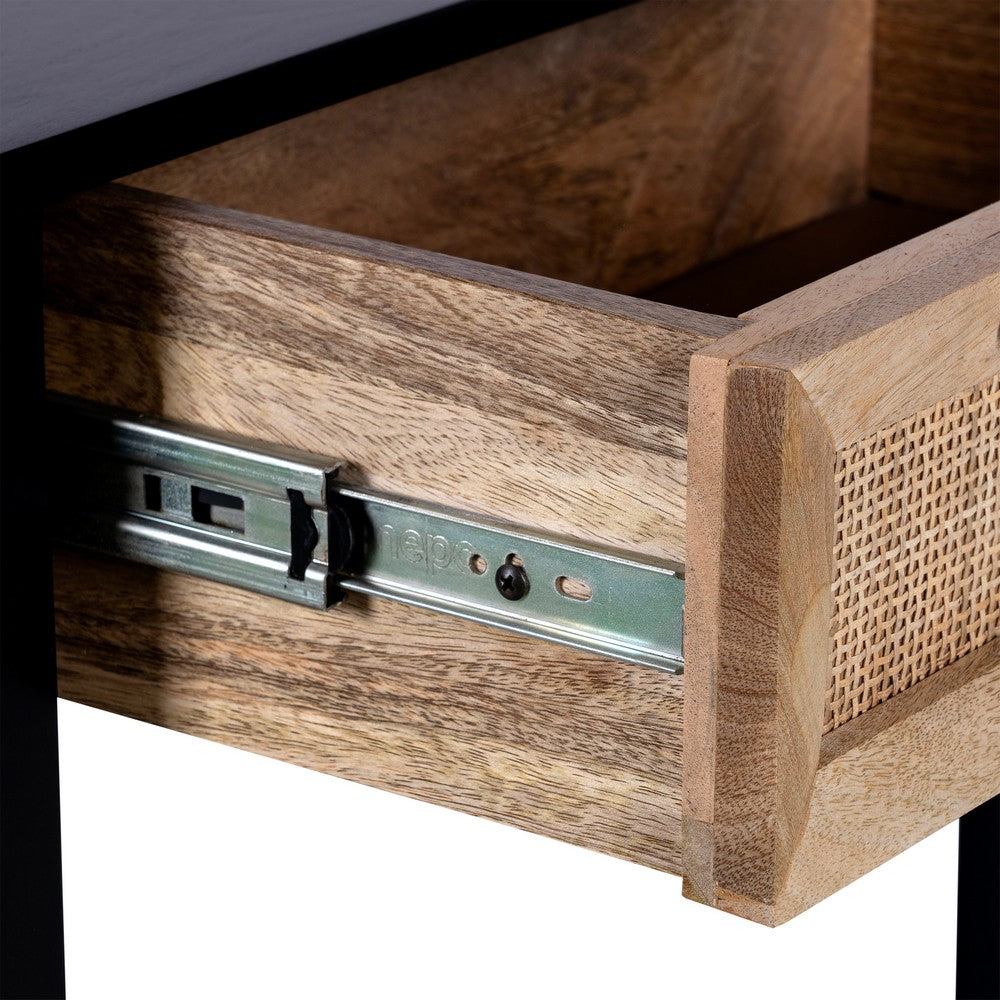 Rosette 22 Inch Side End Table, Natural Brown Rattan Front Drawer, Open Shelf, Black Mango Wood Frame By The Urban Port