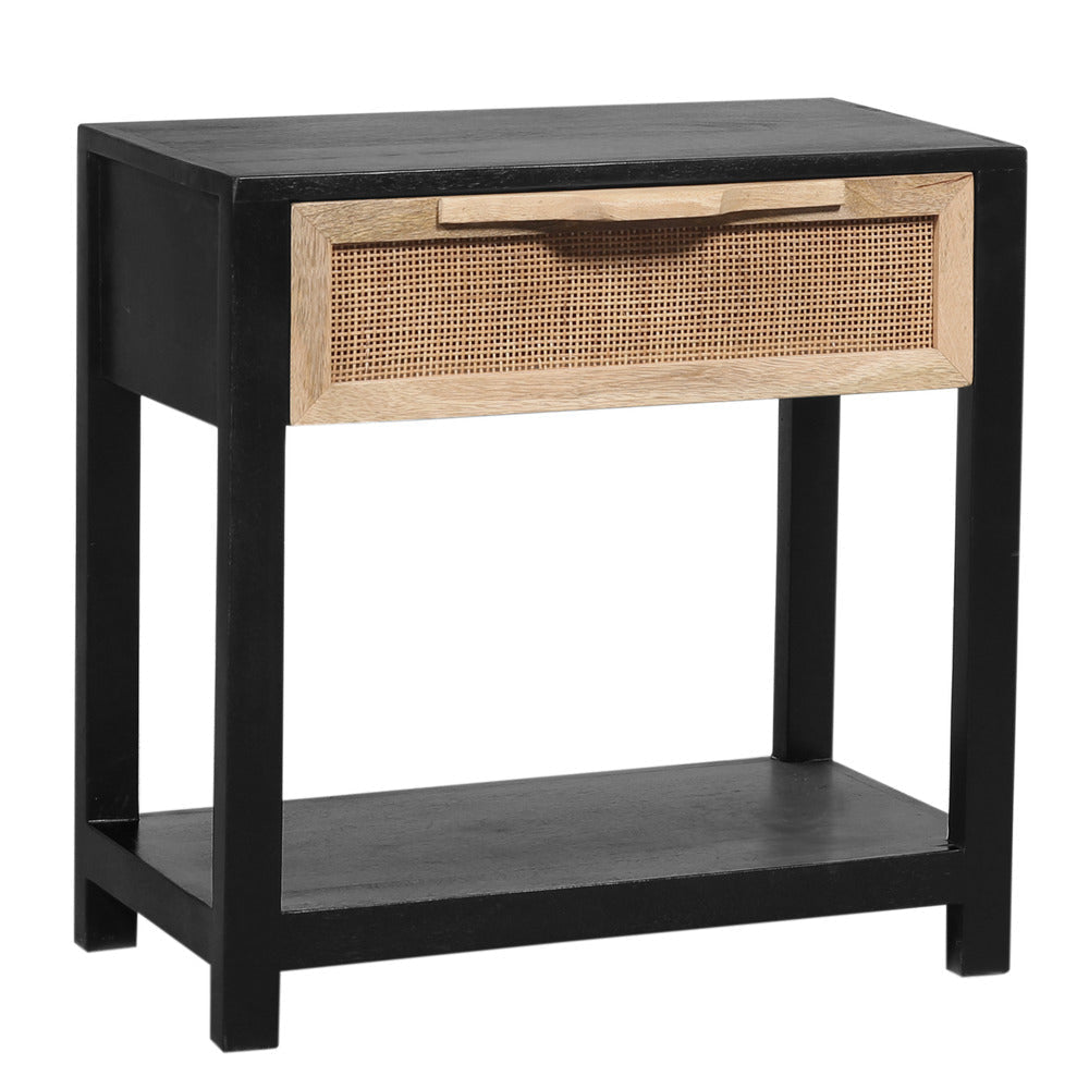 Rosette 22 Inch Side End Table Natural Brown Rattan Front Drawer Open Shelf Black Mango Wood Frame By The Urban Port BM285122