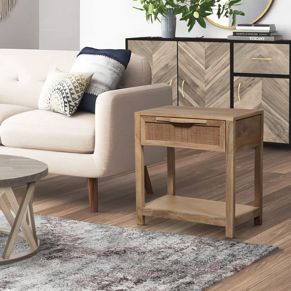 Rosette 22 Inch Accent Side Table, Rattan Front Drawer, Open Shelf, Natural Brown Mango Wood Frame by The Urban Port
